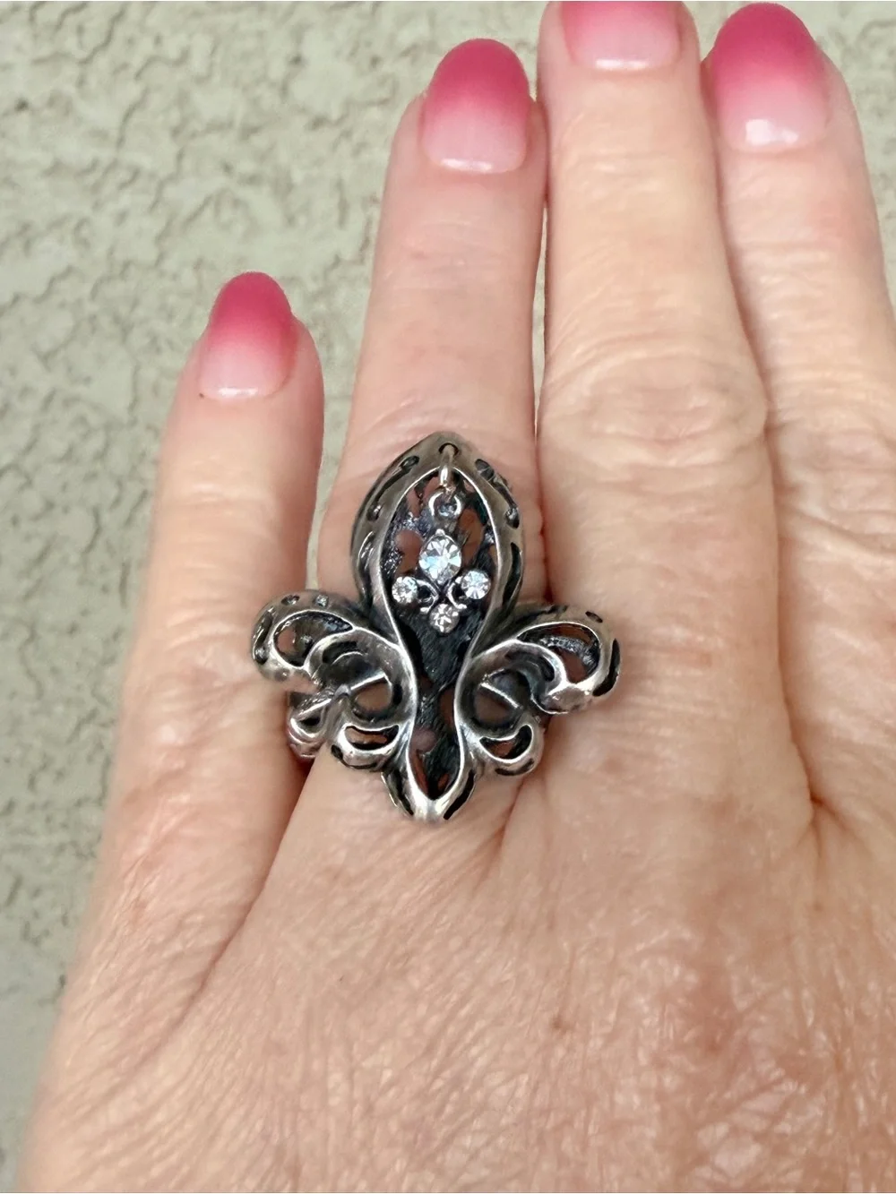 Fleur-de-Lis Silver Tone Statement Ring with Clear Dangling Stones